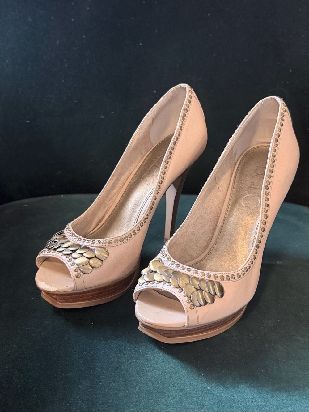 BCBG Beige Peep-Toe Platform Heels with Gold Leaf Accent